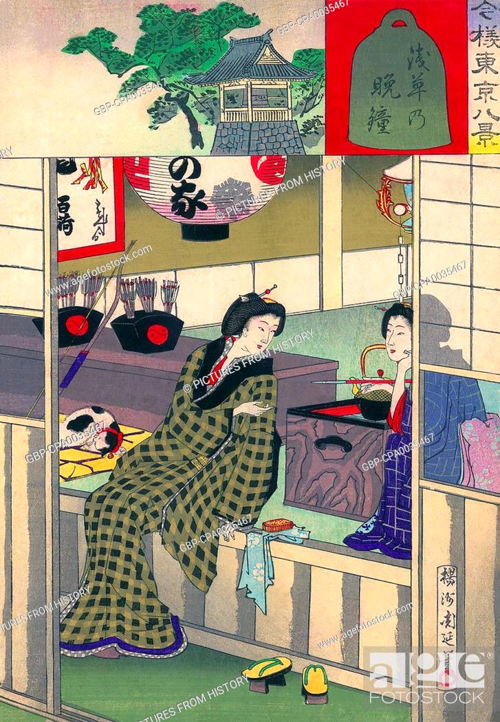 Stock Photo: Toyohara Chikanobu, better known to his contemporaries as Yoshu Chikanobu, was a prolific woodblock artist of Japan's Meiji period.