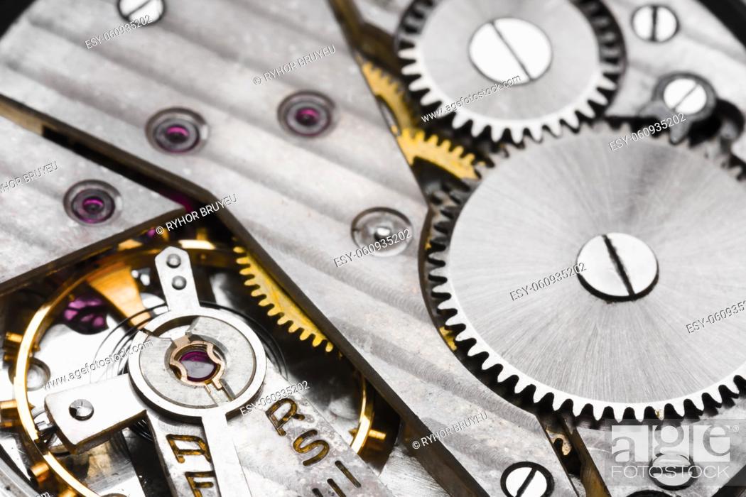 Stock Photo: Clockwork Background. Close-up Of Old Clock Watch Mechanism With Gears.