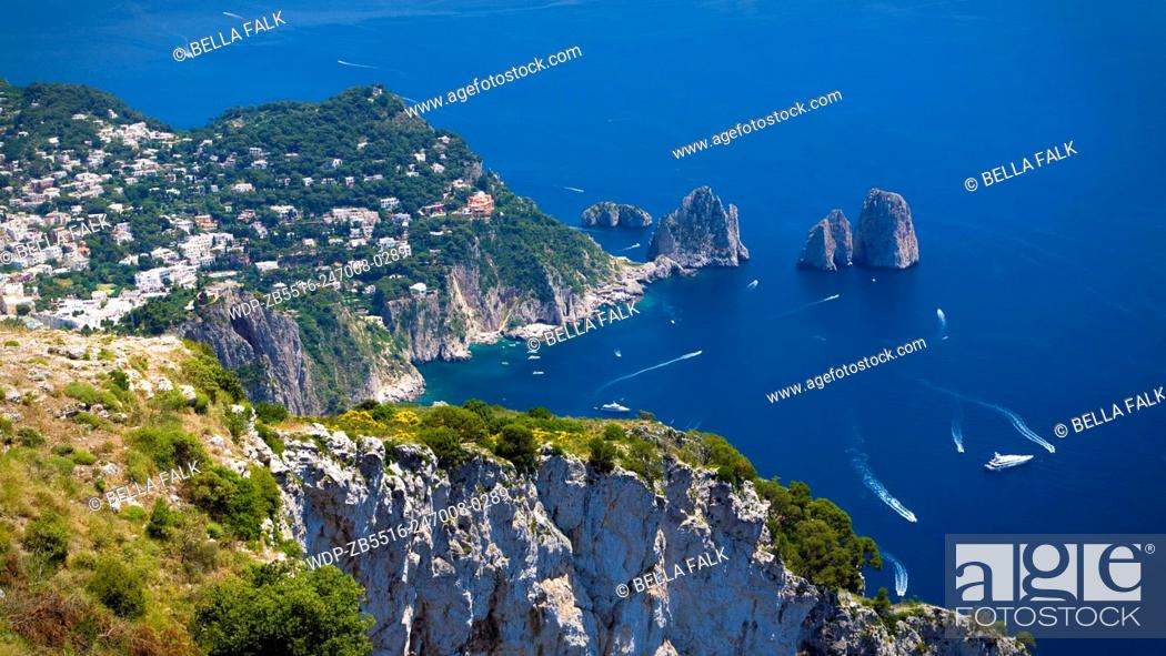 Stock Photo: Stunning views of the Faraglioni Rocks from the top of Monte Solaro, Capri, Bay of Naples, Italy.