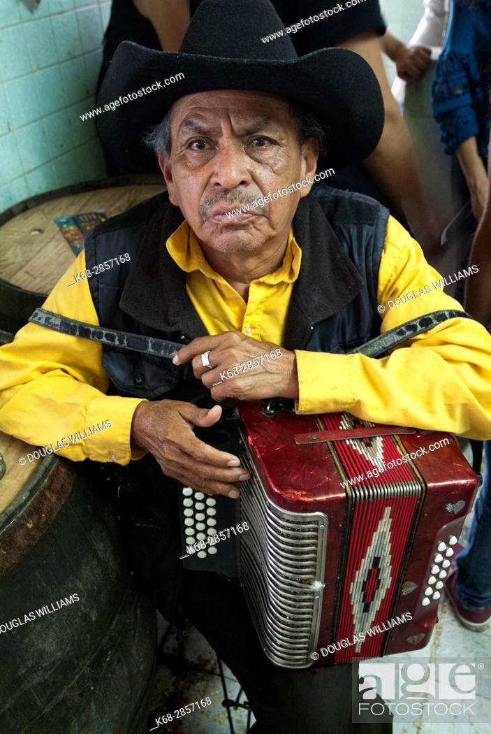 Stock Photo: A man with an accordion in a pulqueria in Xochimilco, Mexico City, Mexico.