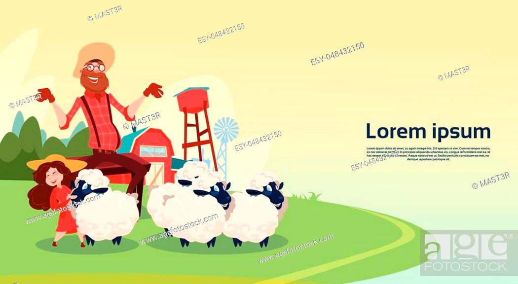 Stock Vector: Farmer Breeding Sheep Wool Farm Flat Vector Illustration.