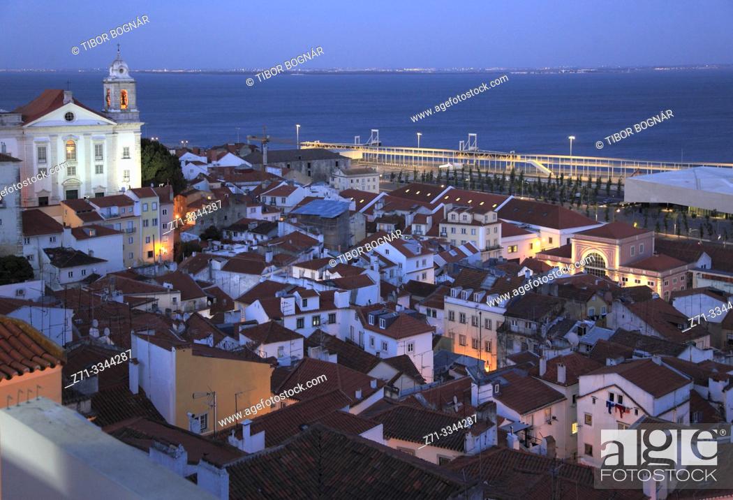 Stock Photo: Portugal, Lisbon, Alfama, skyline, general view, night, Sao Estavao Church, .