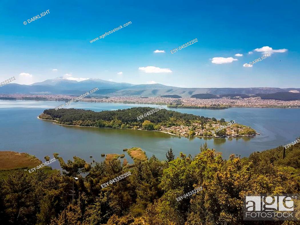 Stock Photo: Ioannina or Giannena city, pamvotis lake, panorama spring time , greece.