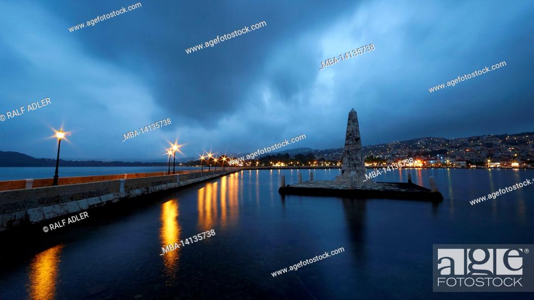 Stock Photo: greece, greek islands, ionian islands, kefalonia, argostoli, capital of kefalonia, evening shot, wide angle view, de bosset bridge and obelisk.