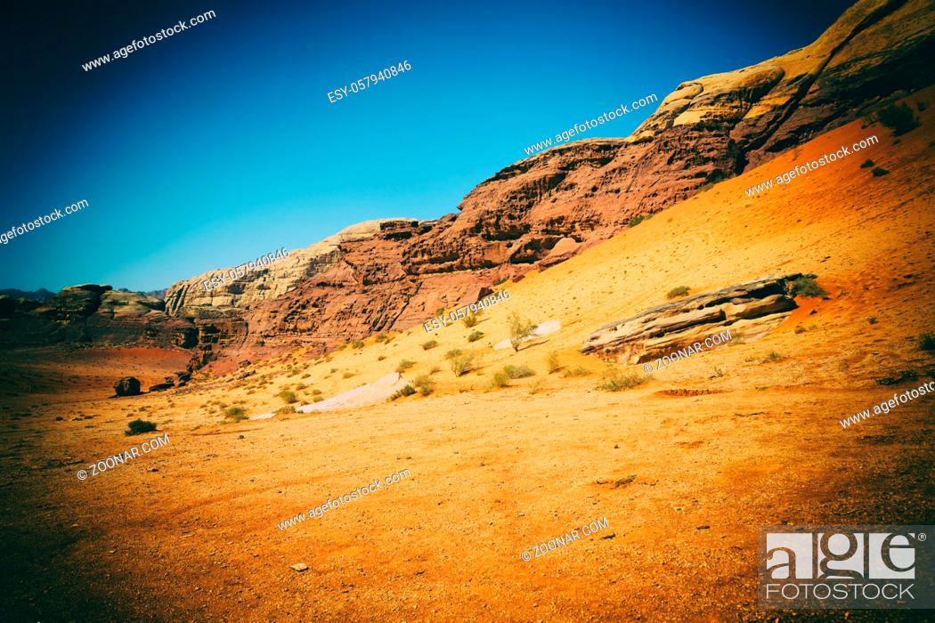Stock Photo: in the wadi rum desert of jordan sand and mountain adventure destination.