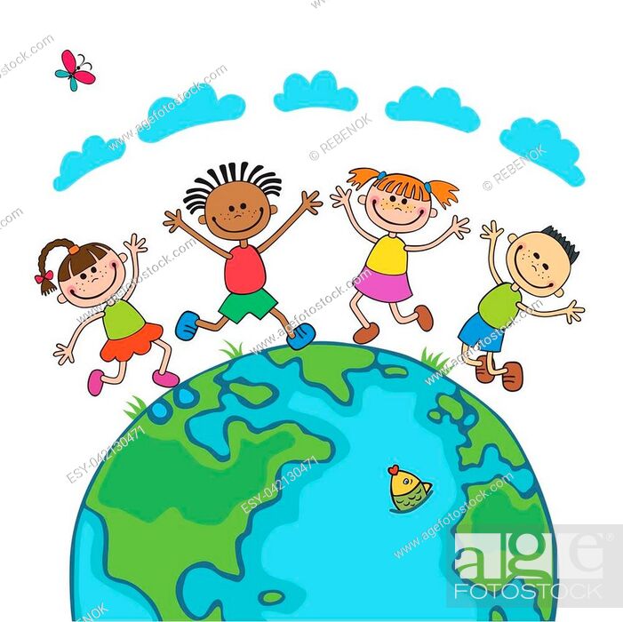 Globe kids on globe. International friendship day. Earth day, Stock Vector,  Vector And Low Budget Royalty Free Image. Pic. ESY-042130471 | agefotostock