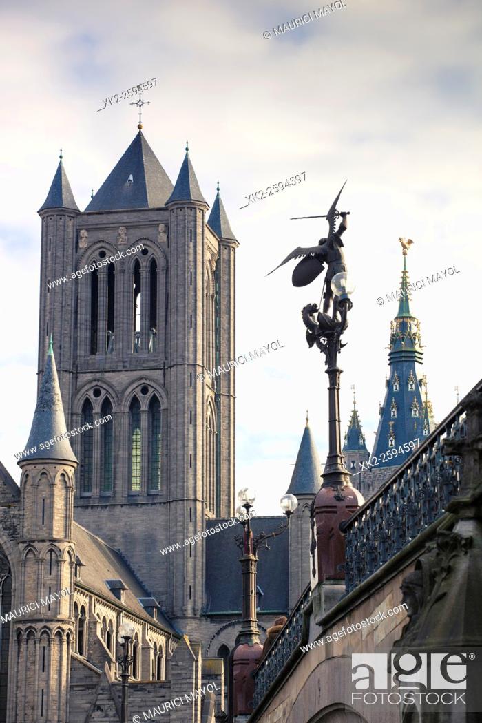 Stock Photo: Belfort's tower and Sint-Michiels sculpture from the bridge, Ghent, Belgium.