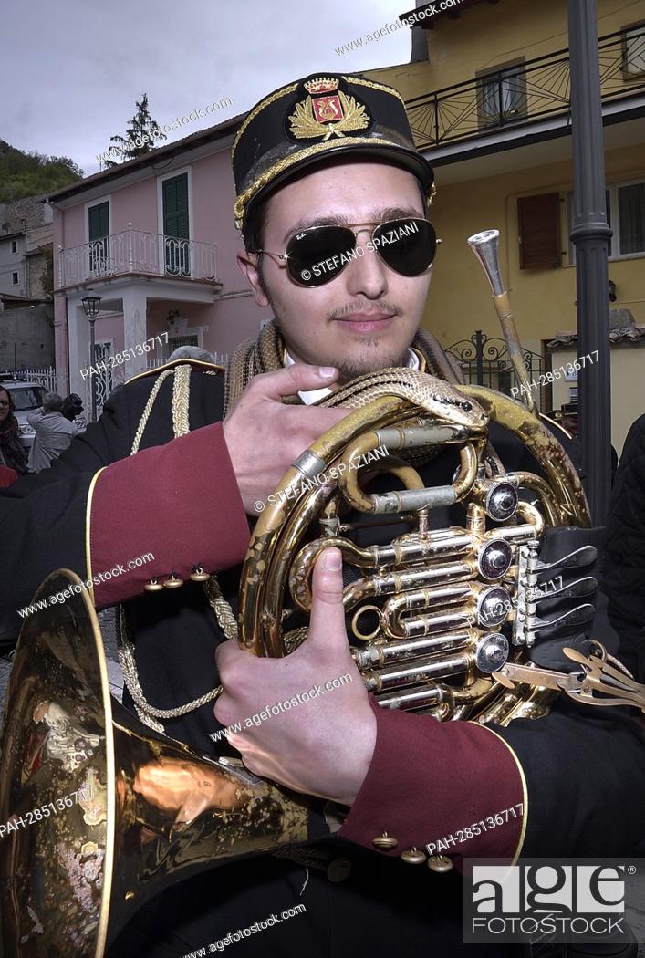 Stock Photo: After two years of interruption due to the pandemic, the procession of snakes in Cocullo takes place on 1 May 2022.A musician from the Cocullo band.