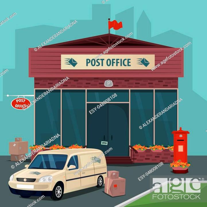 Exterior of modern post office. Near car of postal service, boxes, parcels  and old red mailbox, Stock Vector, Vector And Low Budget Royalty Free  Image. Pic. ESY-048008108 | agefotostock