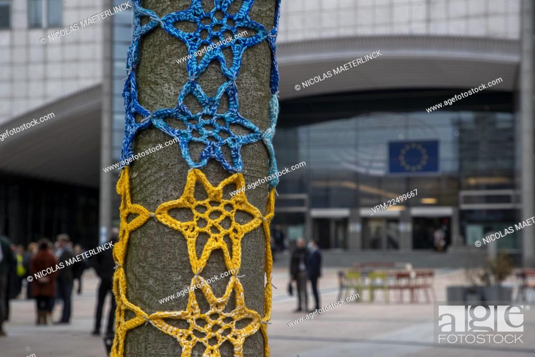 Stock Photo: Illustration picture shows knitwear in the colors of Ukrainian flag at the inauguration of the Center for Ukrainian Civil Society, near the European Parliament.
