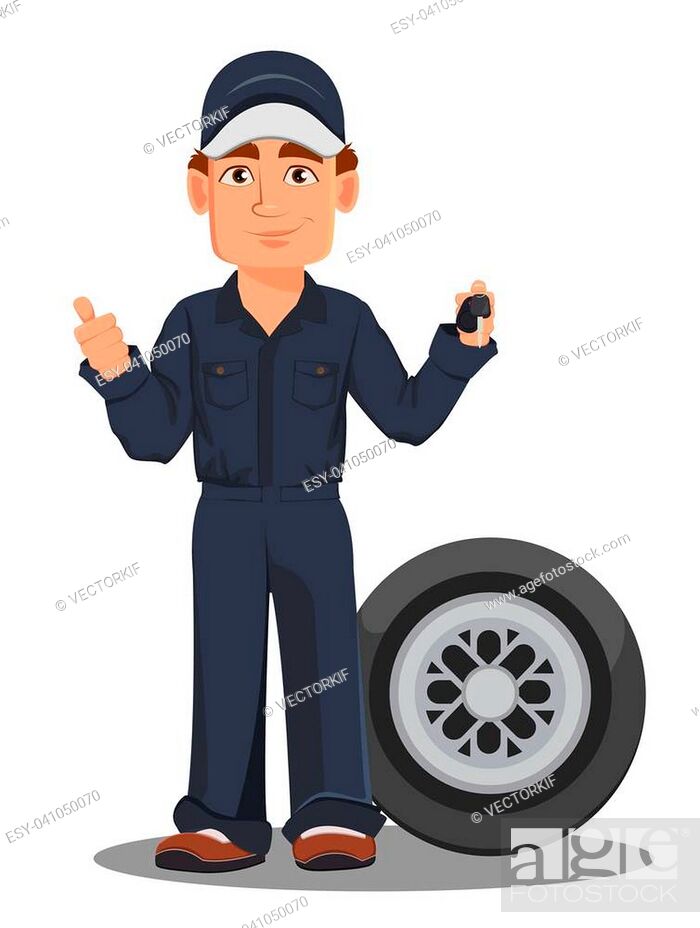 Professional auto mechanic in uniform. Smiling cartoon character standing  near car wheel and holding..., Stock Vector, Vector And Low Budget Royalty  Free Image. Pic. ESY-041050070 | agefotostock