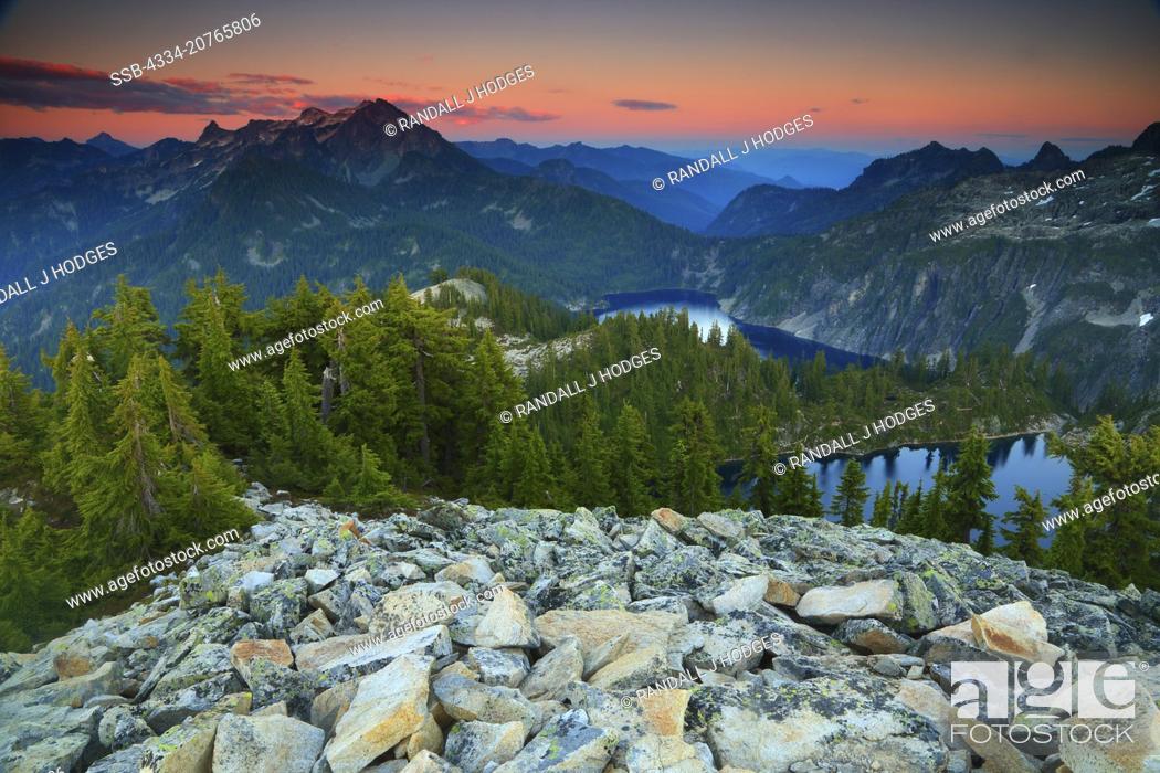 Stock Photo: Sunset Alpenglow Over Gem Lake and Snow Lake From the Summit of Wright Mountain in the Alpine Lakes Wilderness of Washington.
