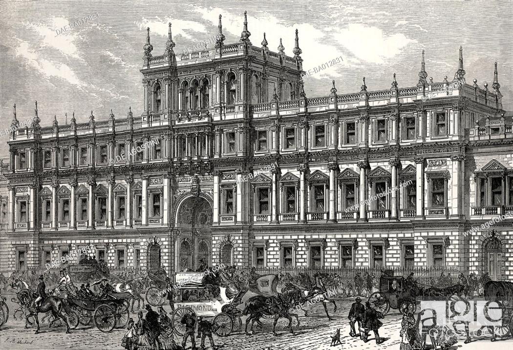 Stock Photo: New buildings of Burlington House, Piccadilly, London, United Kingdom, illustration from the magazine The Illustrated London News, volume LXII, May 10, 1873.