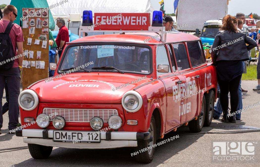 Stock Photo: 30 May 2019, Mecklenburg-Western Pomerania, Anklam: Trabant brand vehicles can be seen at the 25th International Trabant Meeting. Until 02.06.