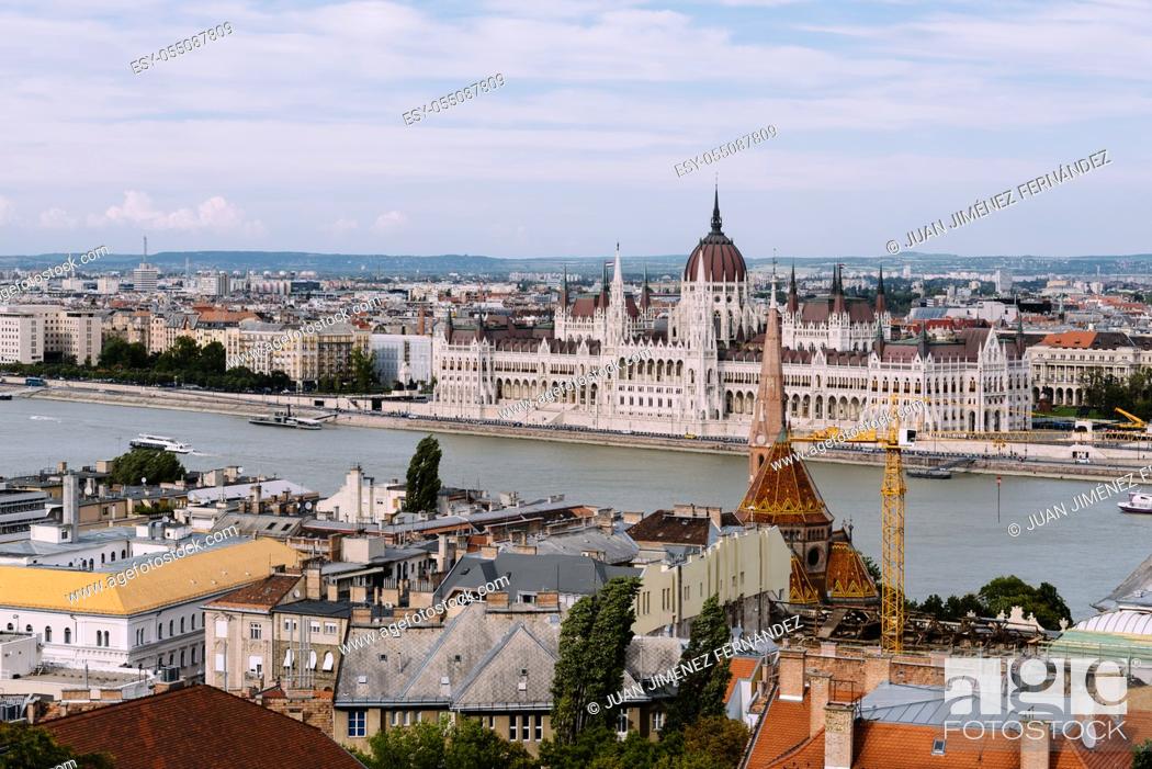 Stock Photo: Budapest, Hungary - August 12, 2017: Cityscape of Budapest with Parliament building and Danube river.