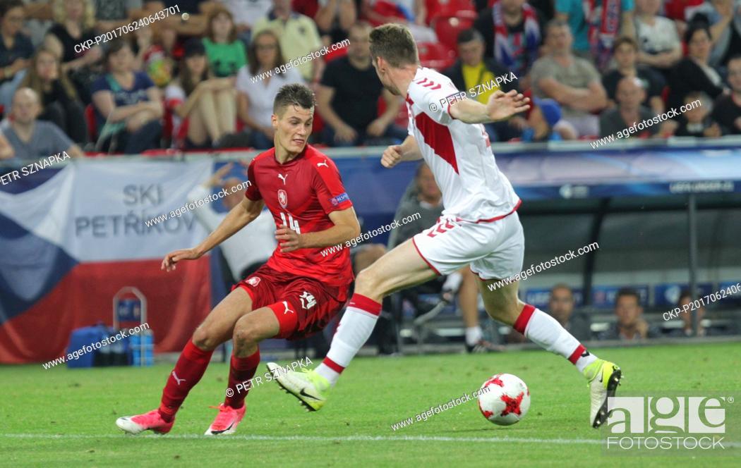 Stock Photo: Patrik Schick of Czech Republic, left, and Patrick Banggaard of Belgium in action during the match Czech Republic vs Denmark at UEFA Under-21 Championship 2017.