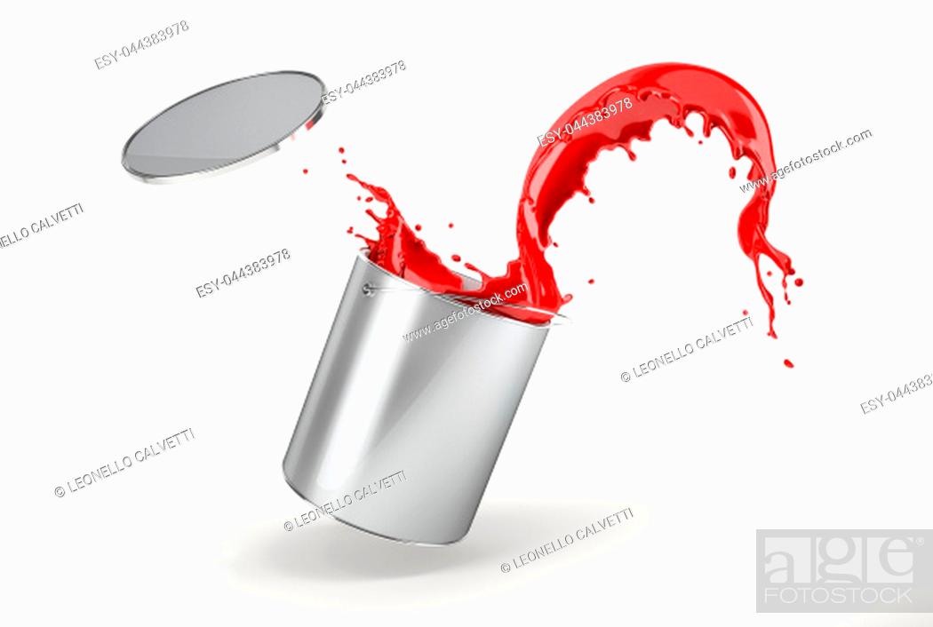 Stock Photo: Metallic silver bucket full of vibrant red paint, jumping with vibrant red paint splashing out of it with flying lid. Isolated on white background with drop.