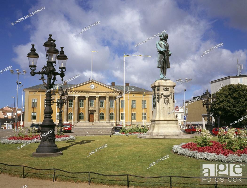 Stock Photo: The town hall at Stortorget, with a statue of Charles XI, who founded the city of Karlskrona.