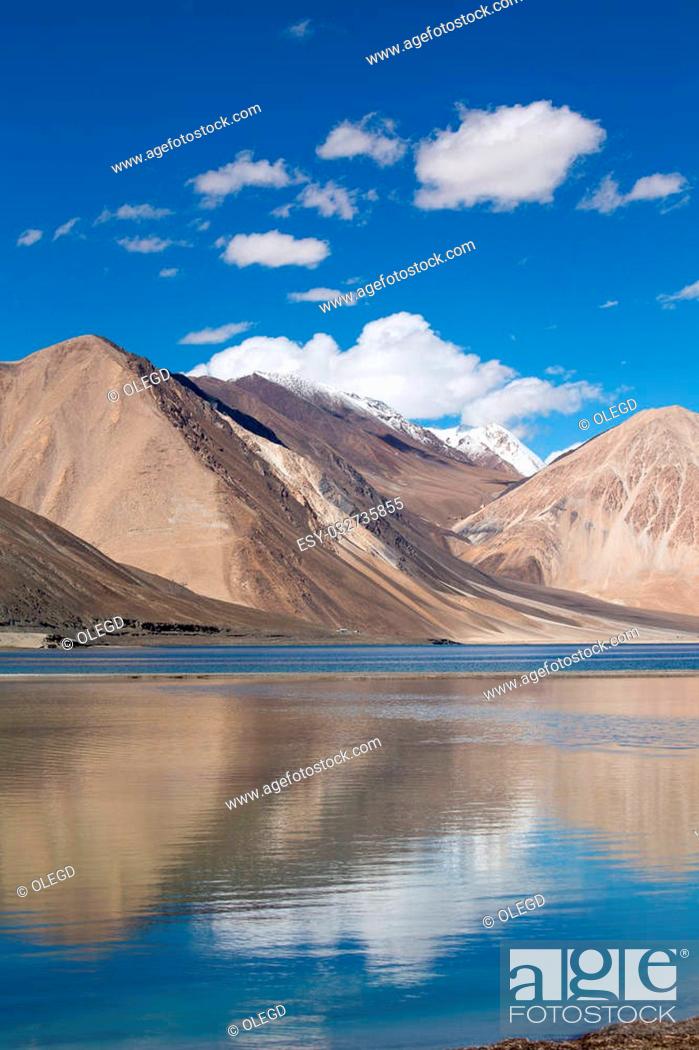 Stock Photo: The sunny day at Pangong Lake. Pangong Lake, is an endorheic lake in the Himalayas situated at a height of about 4, 350 m (14, 270 ft).