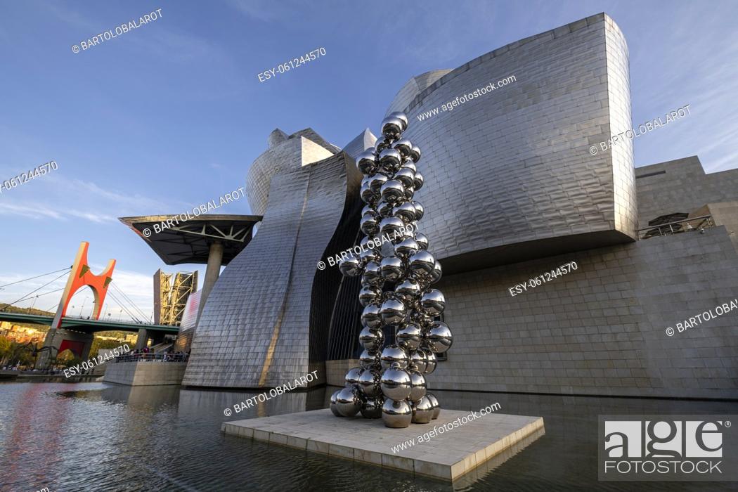 Stock Photo: The Big Tree and the Eye, Permanent installation by Anish Kapoor, Guggenheim Museum Bilbao, 20th century, designed by Frank O.