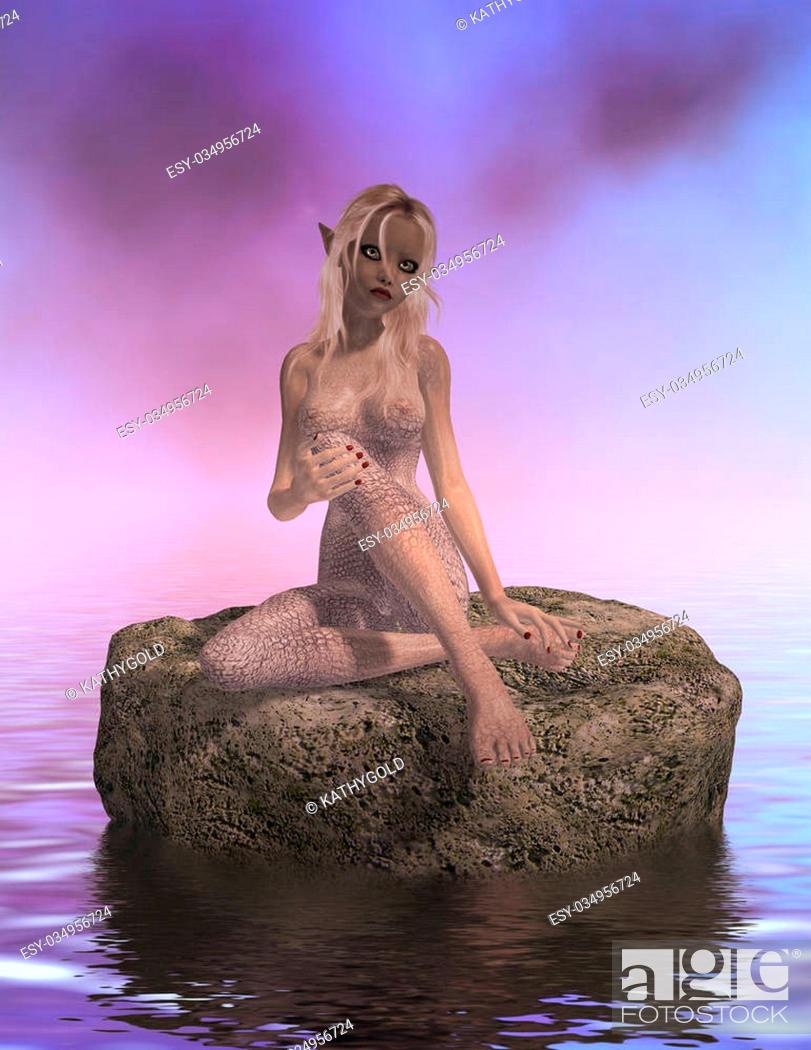 Stock Photo: One sire sitting on a rock in the middle of the ocean.