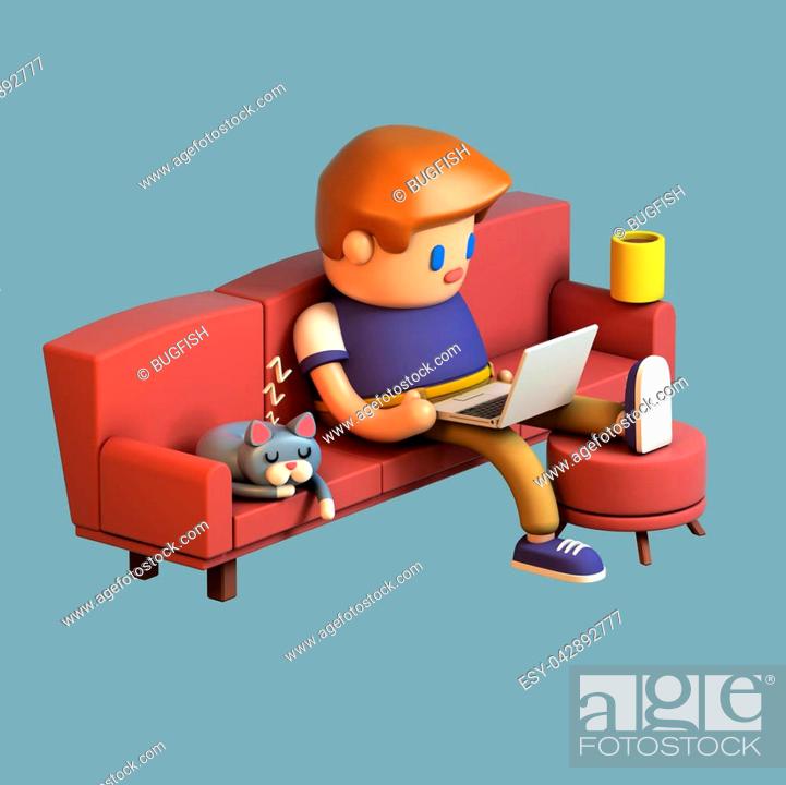 3d rendering of young man sitting on a couch and working on laptop computer  at home, Stock Photo, Picture And Low Budget Royalty Free Image. Pic.  ESY-042892777 | agefotostock