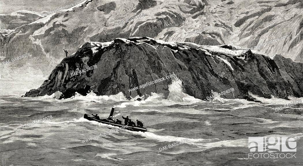 Stock Photo: The launch of the Bear sighting the first survivor off Cape Sabine, June 22, Cape Sabine, the Adolphus Greely Arctic Expedition.