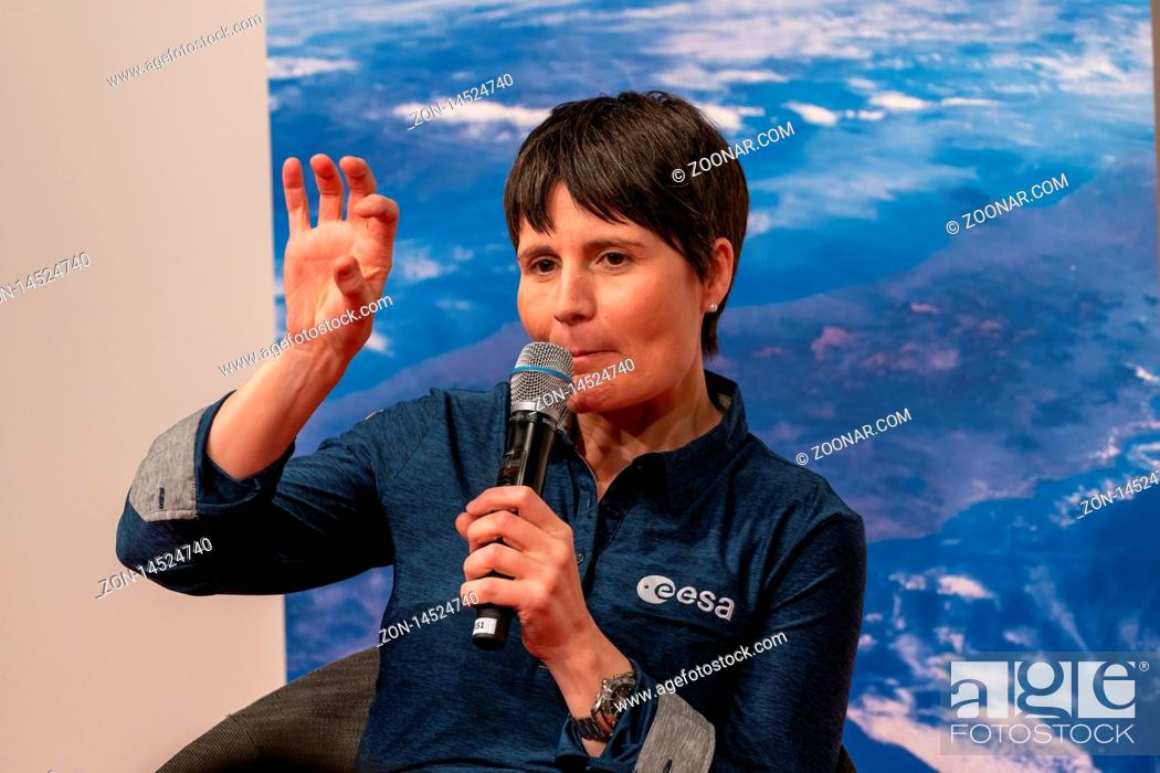 Stock Photo: FRANKFURT AM MAIN, Germany - October 19 2019: Samantha Cristoforetti (*1977, Italian ESA astronaut) talking on stage at 71st Frankfurt Book Fair / Buchmesse.