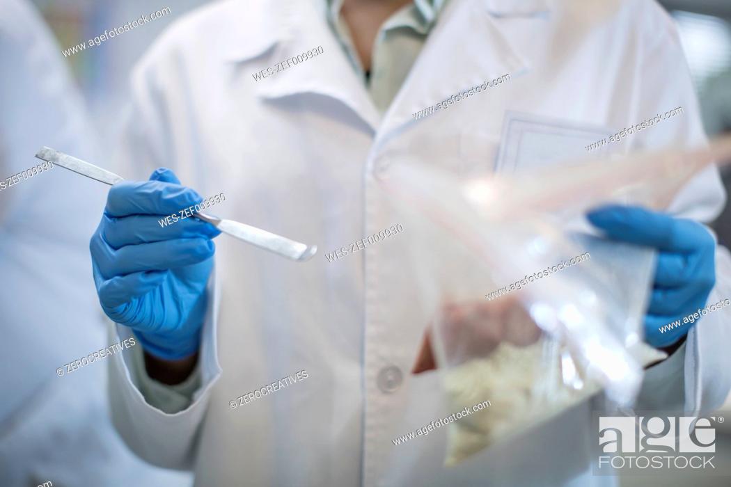 Stock Photo: Scientist working in lab wearing latex gloves.