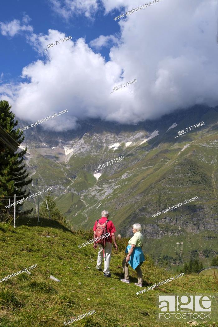 Stock Photo: Hikers, senior citizens at the Grünbodenalm, Grünbodenhütte, on the Panorama Trail, Pfelders, Pfelderer Tal, Texel Group nature Park, South Tyrol, Italy, Europe.