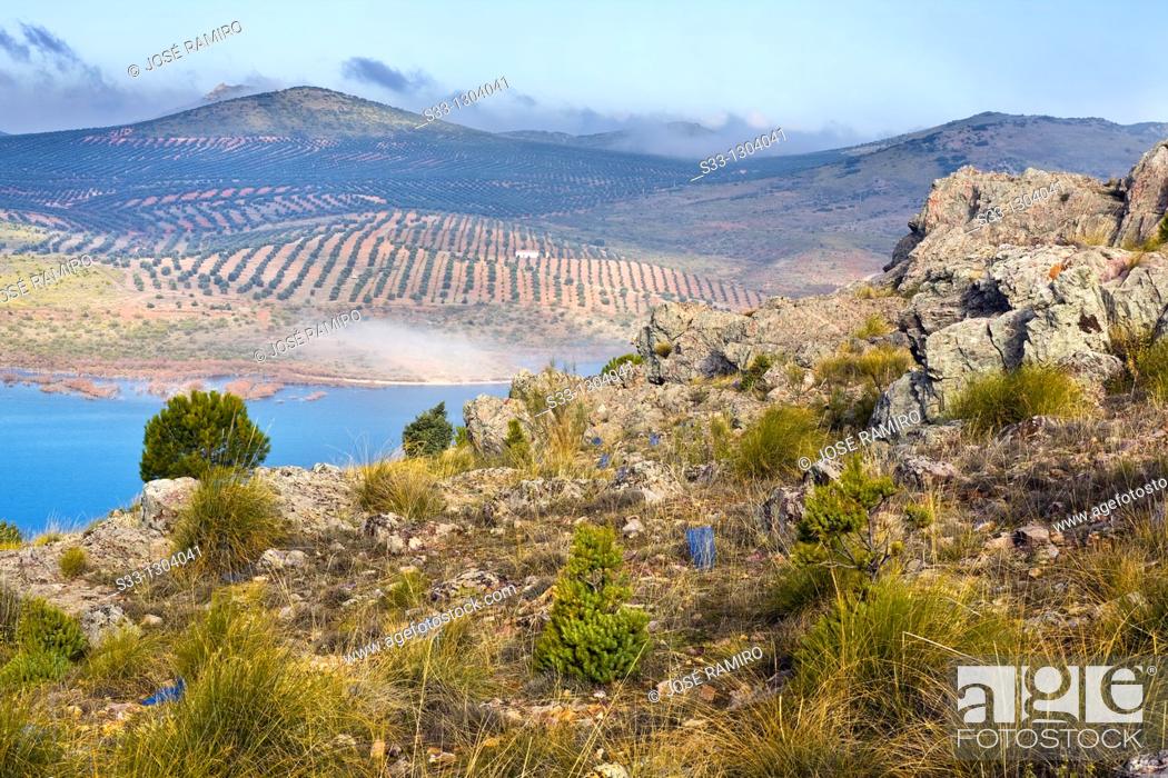 Stock Photo: The Finisterre reservoir and Montes de Toledo Castilla la Mancha Spain.