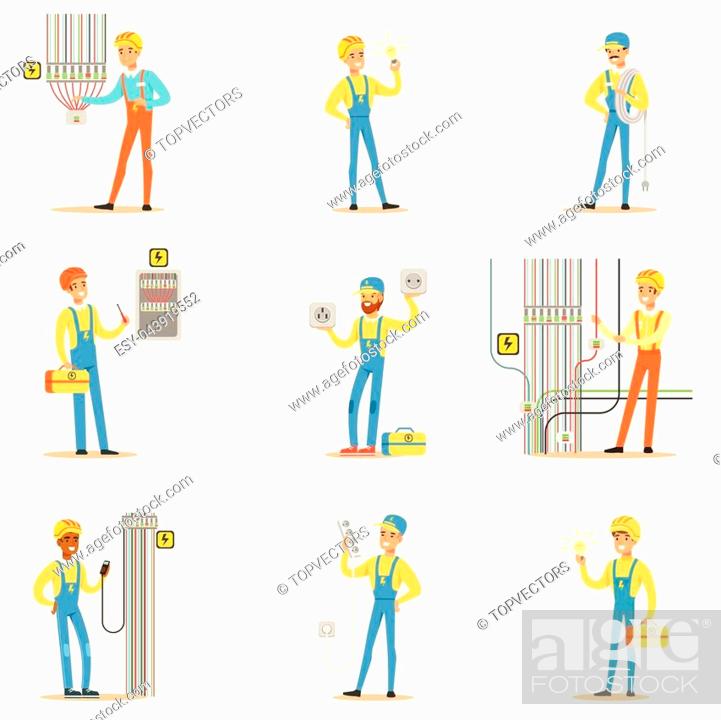 Electrician Specialist With Electric Wires At Work Doing Wireman Repairs  Set Of Cartoon Character..., Stock Vector, Vector And Low Budget Royalty  Free Image. Pic. ESY-043919552 | agefotostock