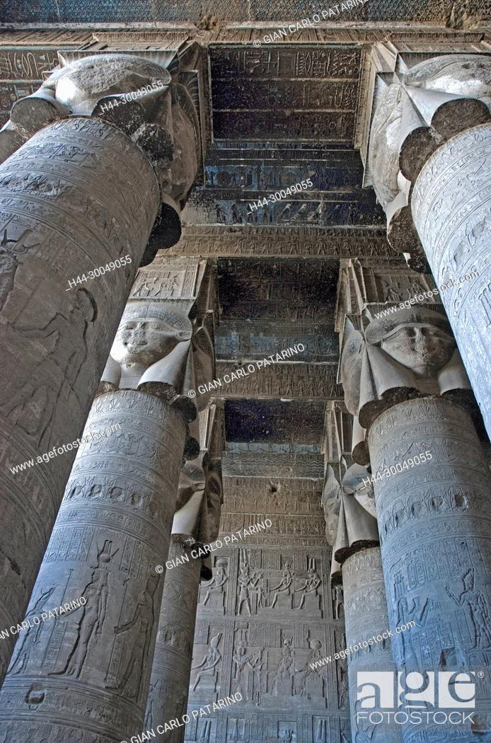 Stock Photo: Egypt, Dendera, Ptolemaic temple of the goddess Hathor.View of ceiling and columns in the hypostyle hall.