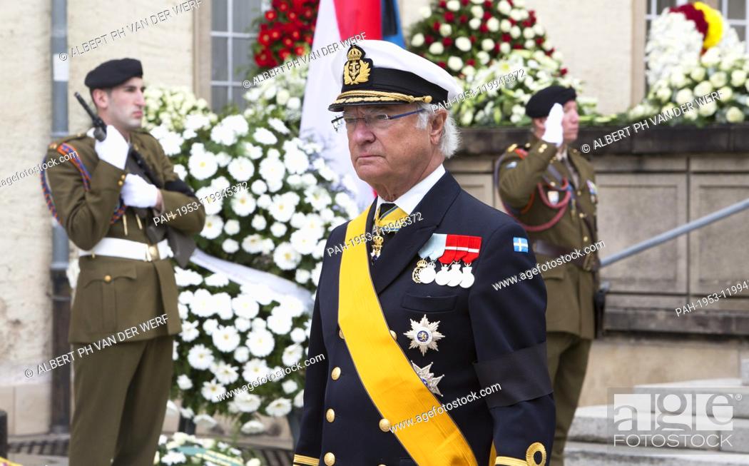 Stock Photo: King Carl Gustaf of Sweden leave at the Cathédrale Notre-Dame in Luxemburg, on May 04, 2019, after the Funeral ceremony of HRH Grand Duke Jean of Luxemburg (5.