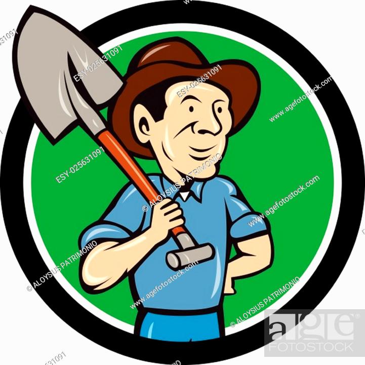 Stock Vector: Illustration of an organic farmer holding shovel on shoulder looking to the side viewed from front set inside circle done in cartoon style.