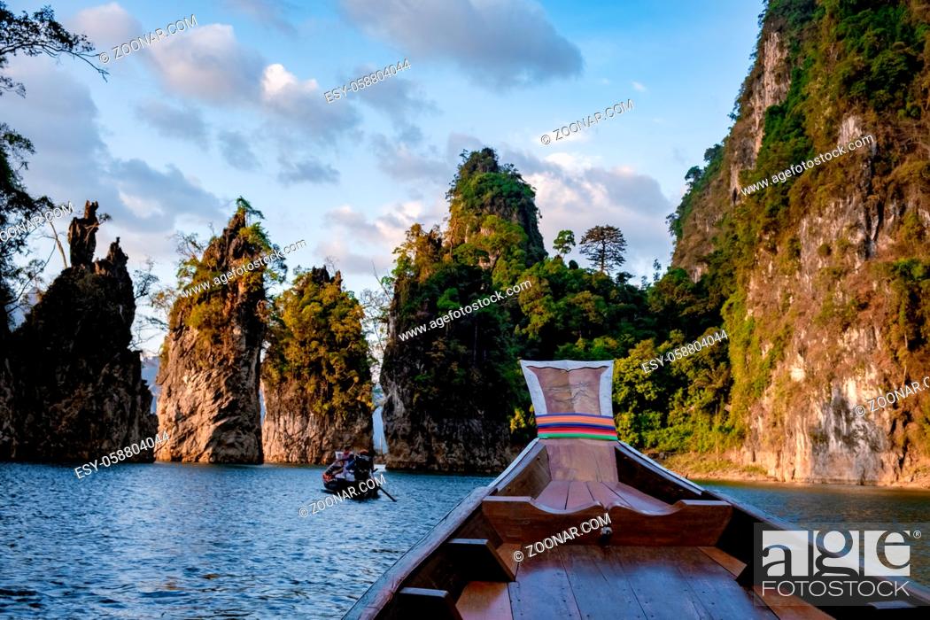 Stock Photo: Khao Sok Thailand, Scenic mountains on the lake in Khao Sok National Park, Drone aerial shot, top view of Khao Sok National Park. South East Asia.