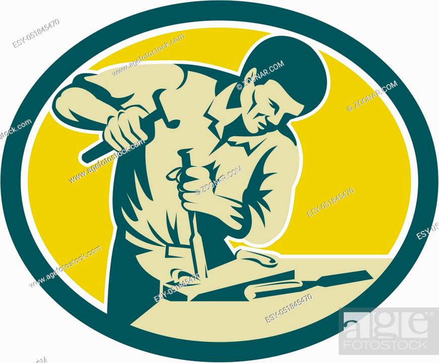Stock Photo: Illustration of a carpenter holding hammer and chisel chiseling viewed from the side set inside oval shape on isolated background done in retro style.