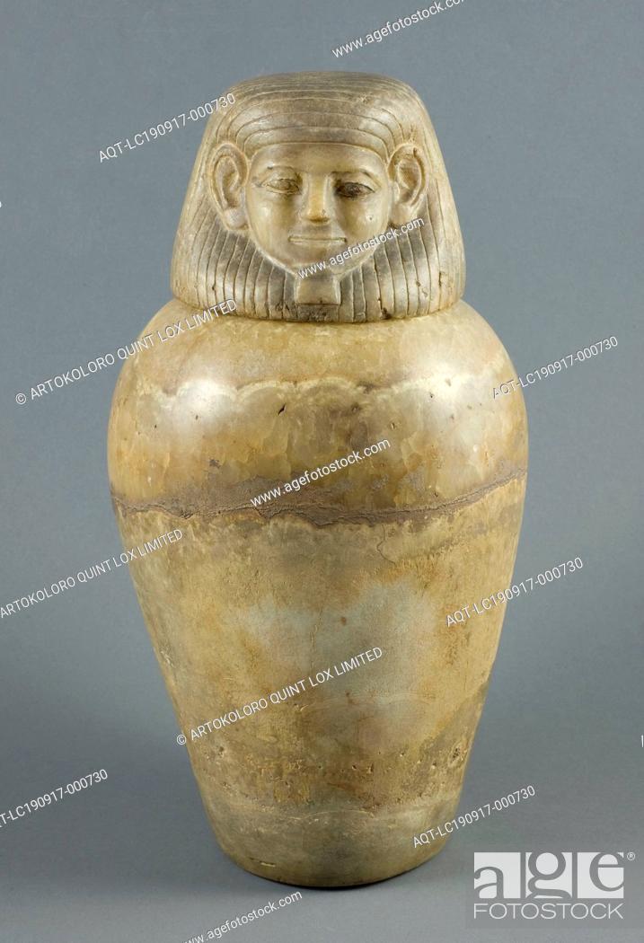 Stock Photo: Canopic Jar with Human Head Lid, Middle Kingdom, Dynasty 12 (about 1985–1773 BC), Egyptian, Egypt, Calcite, a (jar): 26.6 × 18.4 × 17.