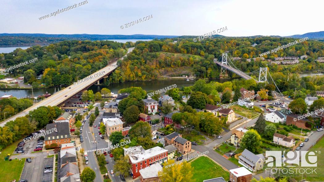 Stock Photo: Rondout Creek flows past under bridges on the waterfront in South Kingston New York USA.