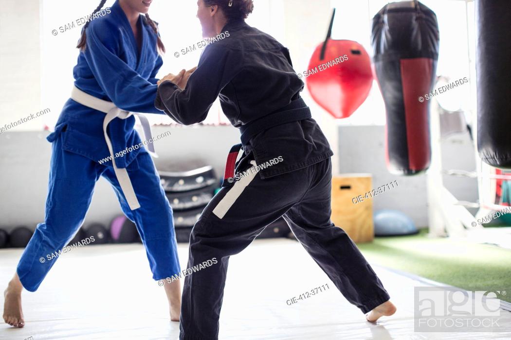 Stock Photo: Women practicing judo in gym.