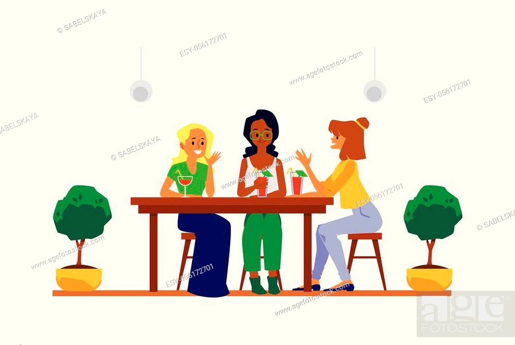 Cartoon girl friends group sitting at cafe table with cocktail drinks  smiling and talking - young..., Stock Vector, Vector And Low Budget Royalty  Free Image. Pic. ESY-056172701 | agefotostock