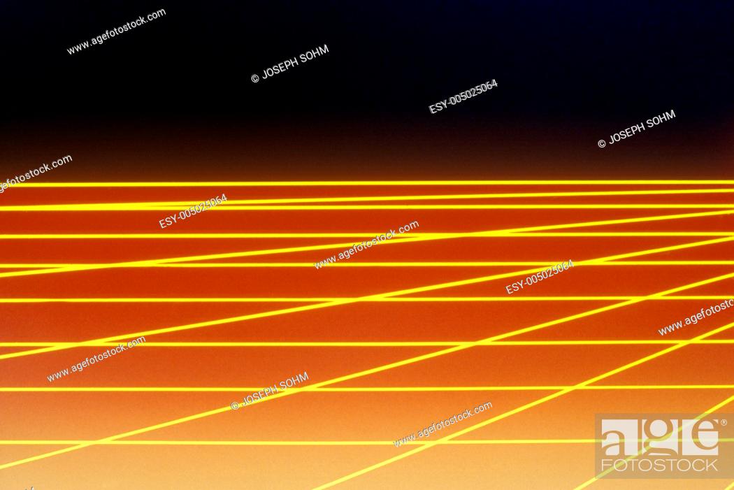 Imagen: Space special effects of yellow grid matrix over red surface extending to a glowing horizon.