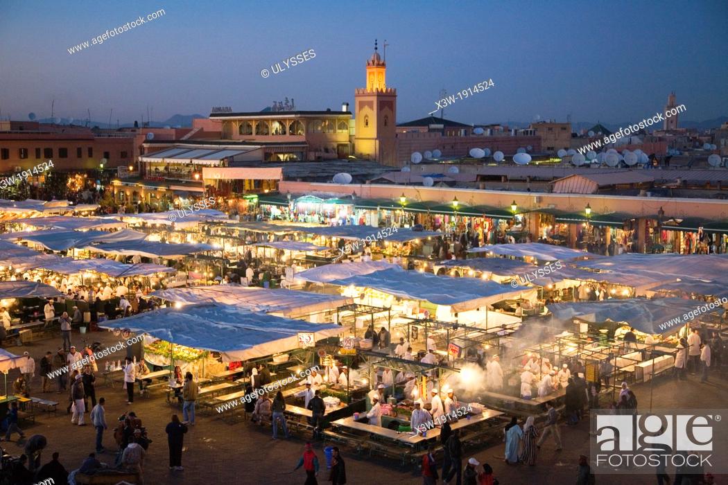 Stock Photo: africa, morocco, marrakech, jemaa el fna square, food market.