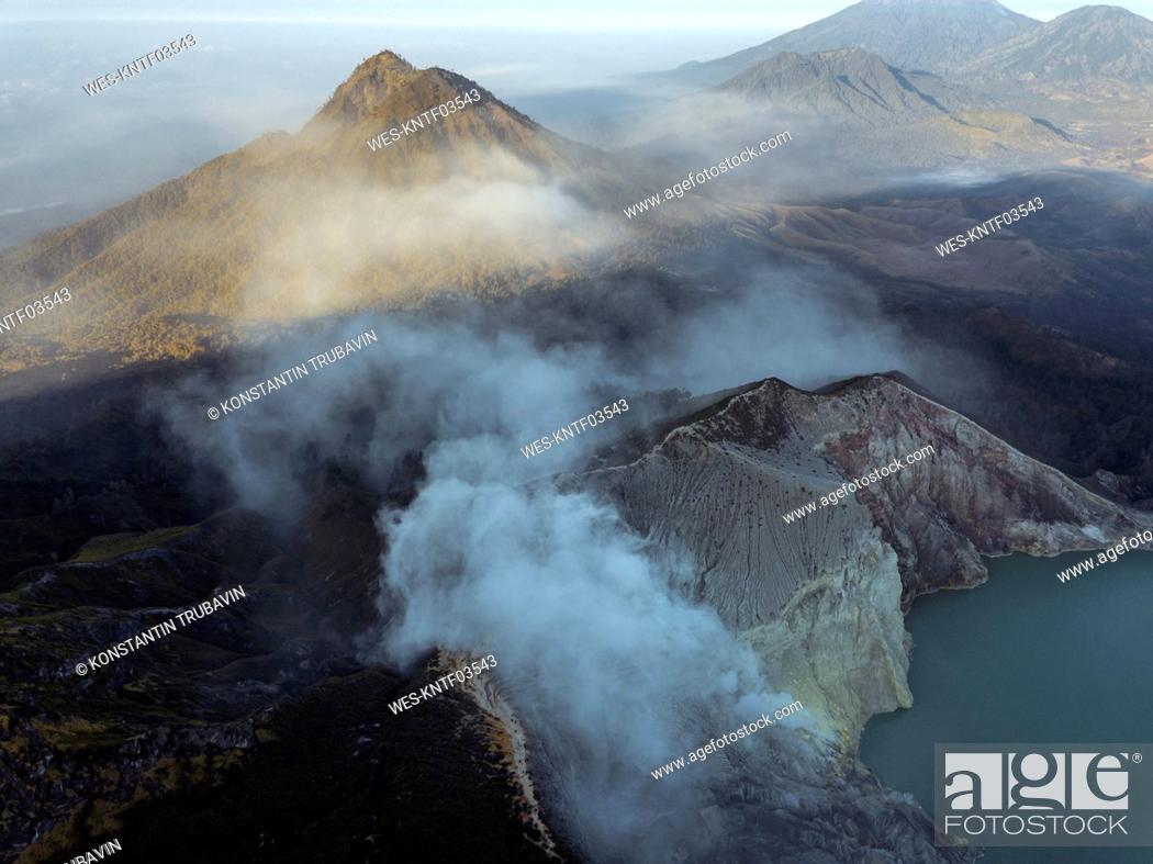 Stock Photo: Indonesia, Java, Aerial view of green sulphuric lake of Ijen volcano.