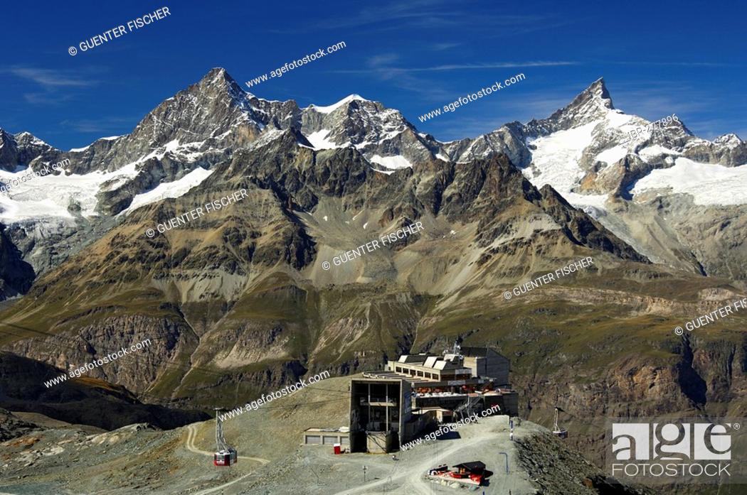 Stock Photo: Cable car station Trockener Steg, peaks Gabelhorn, Wellenkuppe, Zinalrothorn, Zermatt Valais Switzerland.