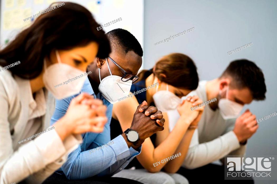 Stock Photo: Bible Book Reading Diverse Group Praying In Face Mask.