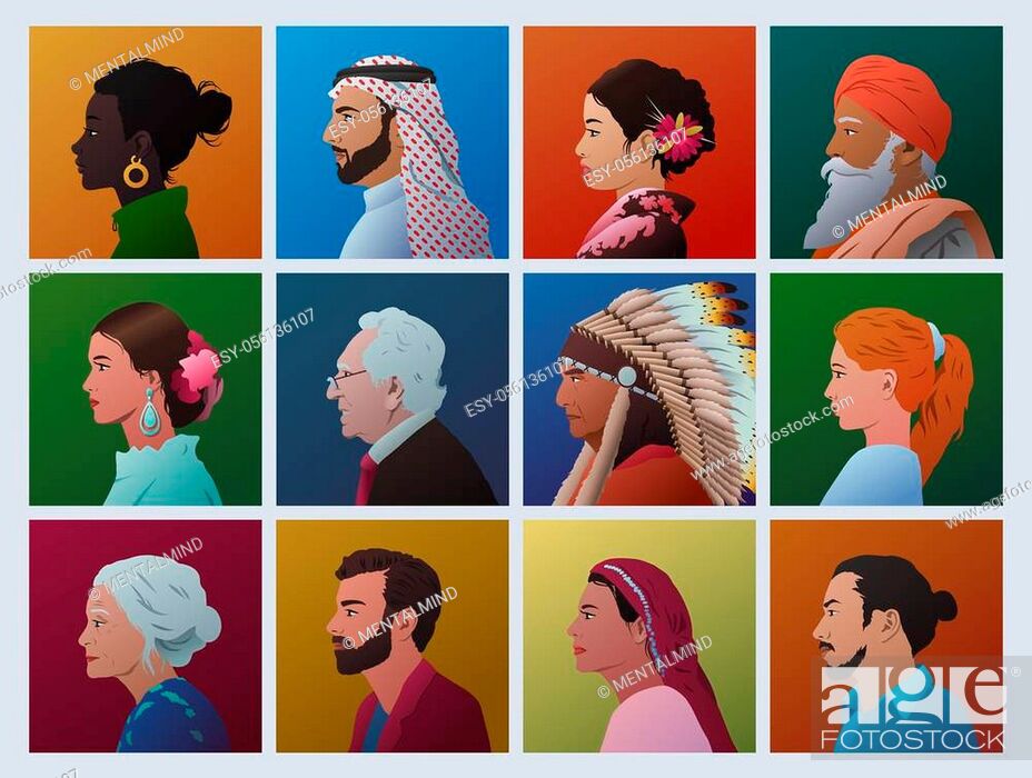 Stock Vector: Random people of different cultures and races faces in profile. Diversity. Avatars. Vector images set.