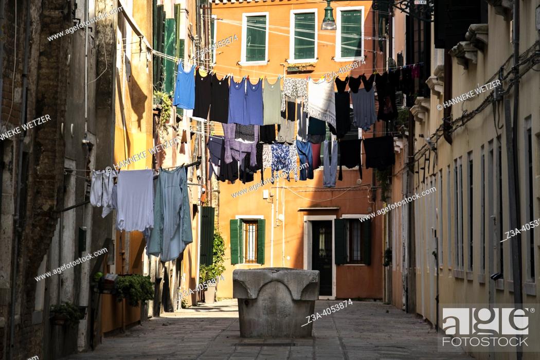 Stock Photo: Laundry hanging to dry in Venice, Italy, Europe.