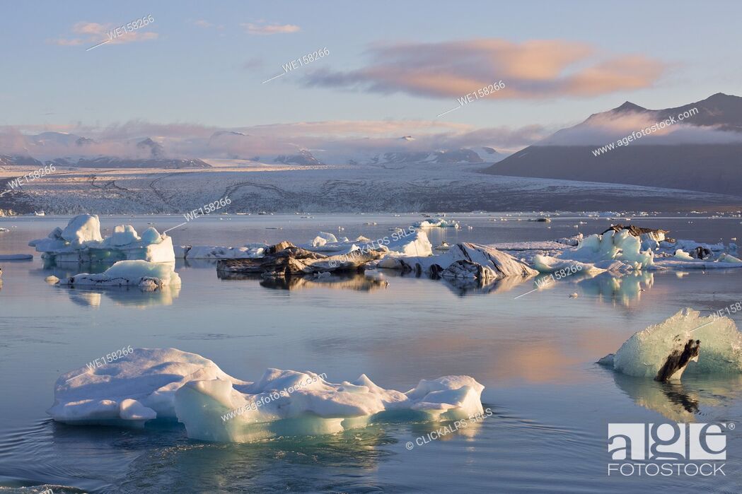 Stock Photo: Icebergs in Jokulsarlon Glacier Lagoon during a sunrise, Austurland, Eastern Iceland, Iceland.