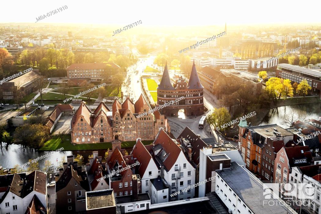 Stock Photo: View of Lbeck and the Holstentor at sunset, Schleswig-Holstein, Germany.
